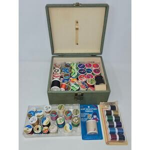 Vintage Green Wood Sewing Box w/ Spool Caddy 70+ Thread Spools JP Coats TG&Y